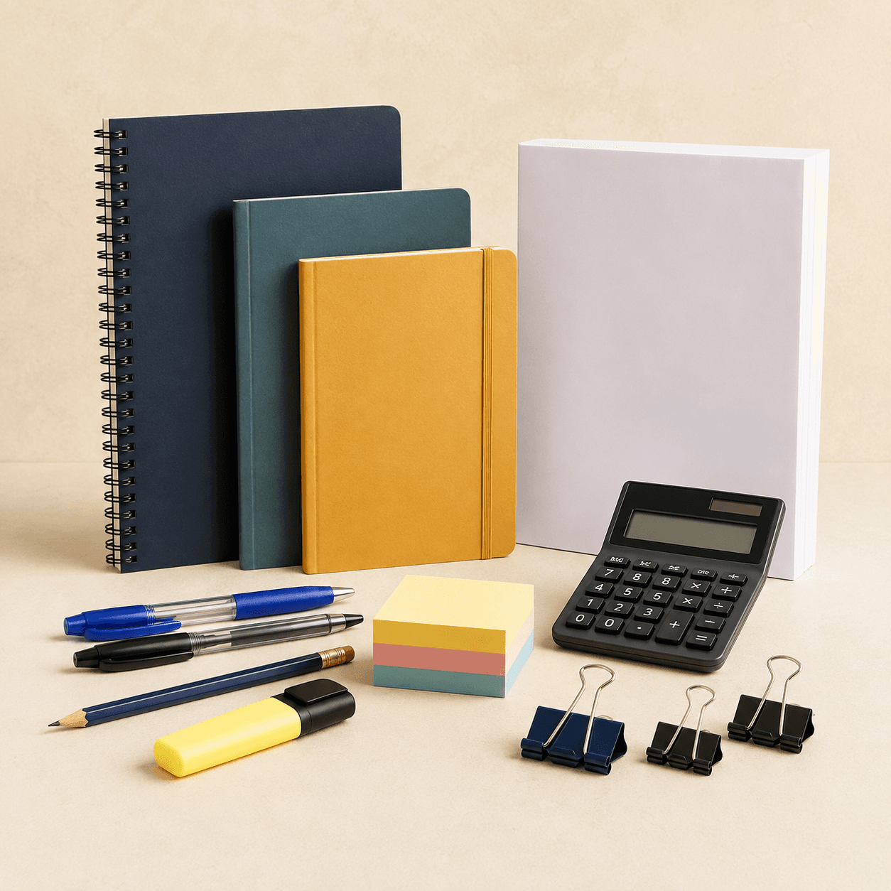 Stationery, notebooks, paper and desk supplies arranged for a productive workday